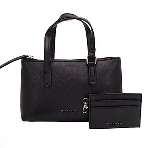 TAHARI • Gift Set 4 Pieces Black Leather Satchel, Black Card Case, 2 Scrunchies
